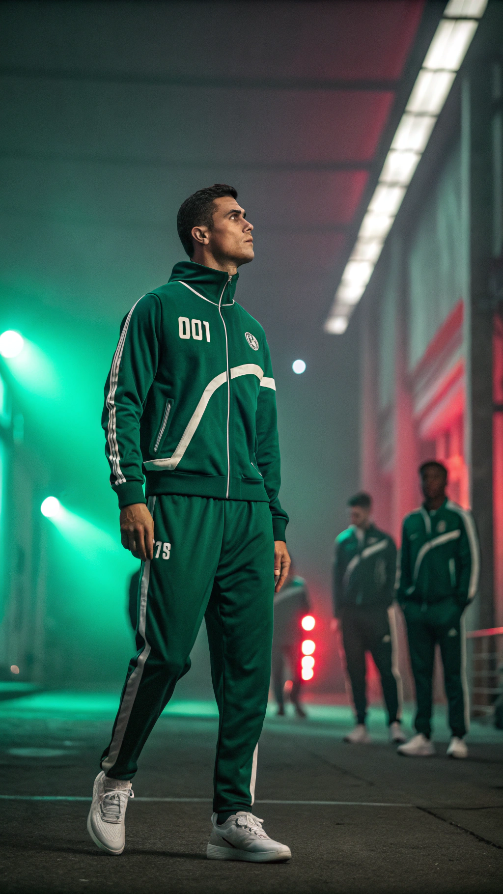 AI generated image by Red Panda AI: Create a dynamic scene featuring a football player inspired by Cristiano Ronaldo, wearing a green Squid Game-style tracksuit with a white stripe and the number 001 on his chest. He stands confidently in the foreground, while the background is blurred with other figures in similar tracksuits. The setting is illuminated with a mix of green and red light, reminiscent of the 'Red Light, Green Light' game, adding a tense and dramatic atmosphere.