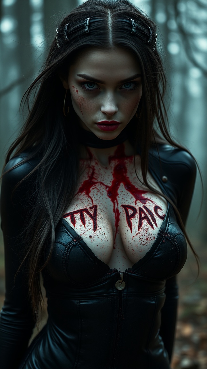 AI generated image by FLUX.1-schnell: She the most beautiful vampire girl and she is shot to dead by many enemies. Lot of details, high quality, 15k, View from far away on the vampire girl dying, Real wounds. Ultra realistic photo, Middle European girl, Perfect face, lips, mouth and whole sexy body. She is knelling wounded in the dark forest. Black tight latex suit unzipped, 21 years old, Cute face in shock of being wounded, Heart shot, hourglass body, Most beautiful female, great and perfect sexy body, Perfect face, big full lips, long legs, dark hair, nice blue eyes. She is shot in her chest by the sniper right in her heart, kill shot. Bloody wounds on her chest. Blood everywhere. Bloody bleeding wounds. Dark bloody bullet holes on her chest. She is shot 5 times in her chest. Many bloody bullet wounds on her chest. Big boobs