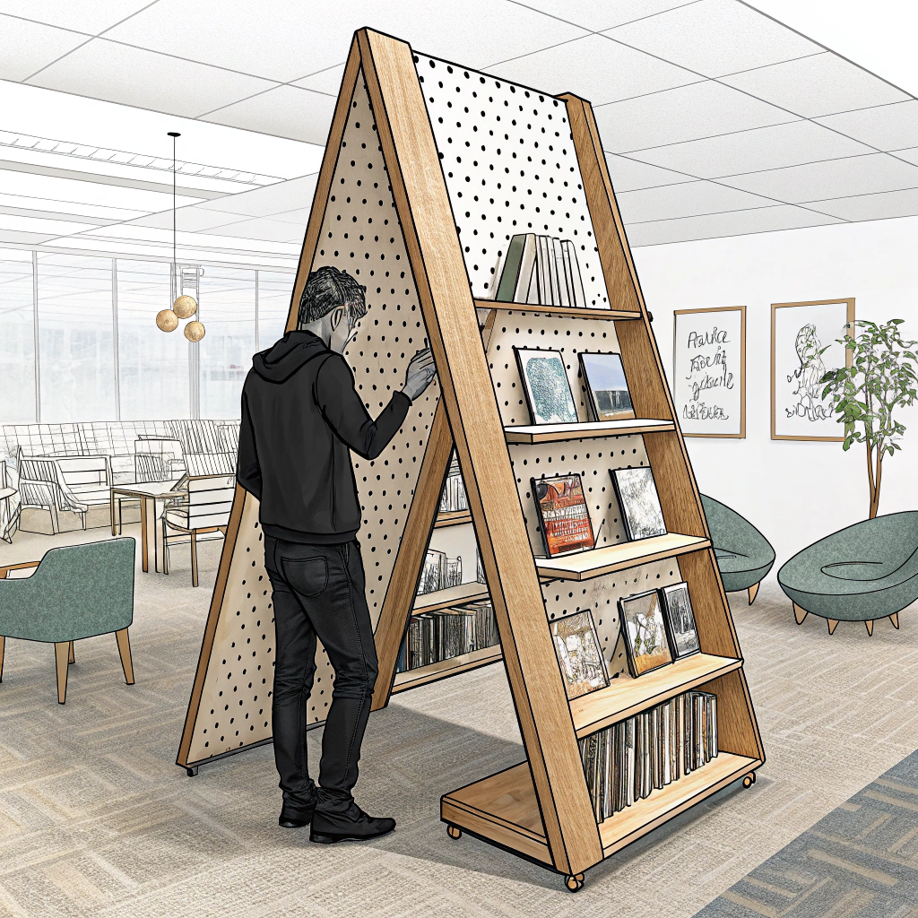 AI generated image by Red Panda AI: A modern library book display stand with a triangular, A-frame design. The stand is made of wood and features pegboard-style panels on each side to hold books vertically. A person is standing in front of the stand, browsing the books. The books have visible covers for easy browsing. Shelves at the base provide additional storage. The background shows soft lighting and stylish furniture, creating a cozy and modern library atmosphere. The overall style should be simple, with clean lines and a cartoon-like aesthetic.