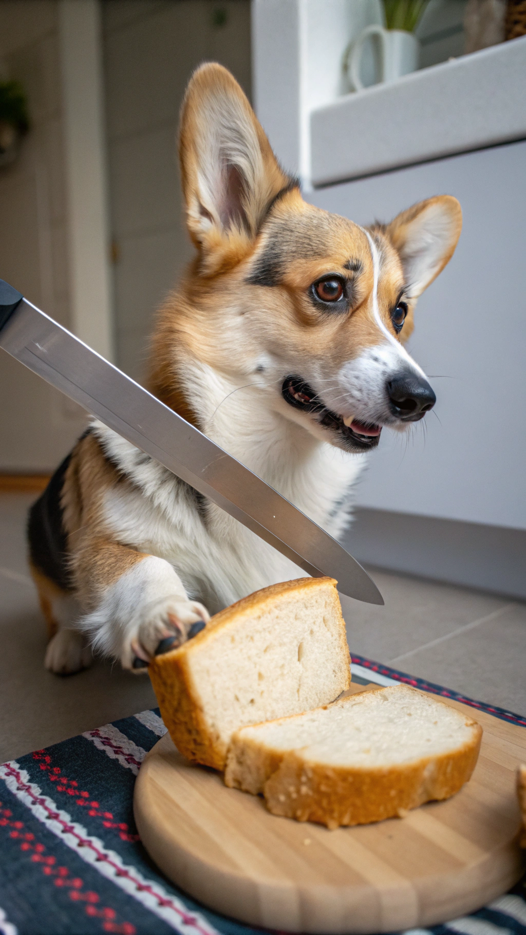 AI generated image by Red Panda AI: A corgi is holding a bread knife with its front paw.