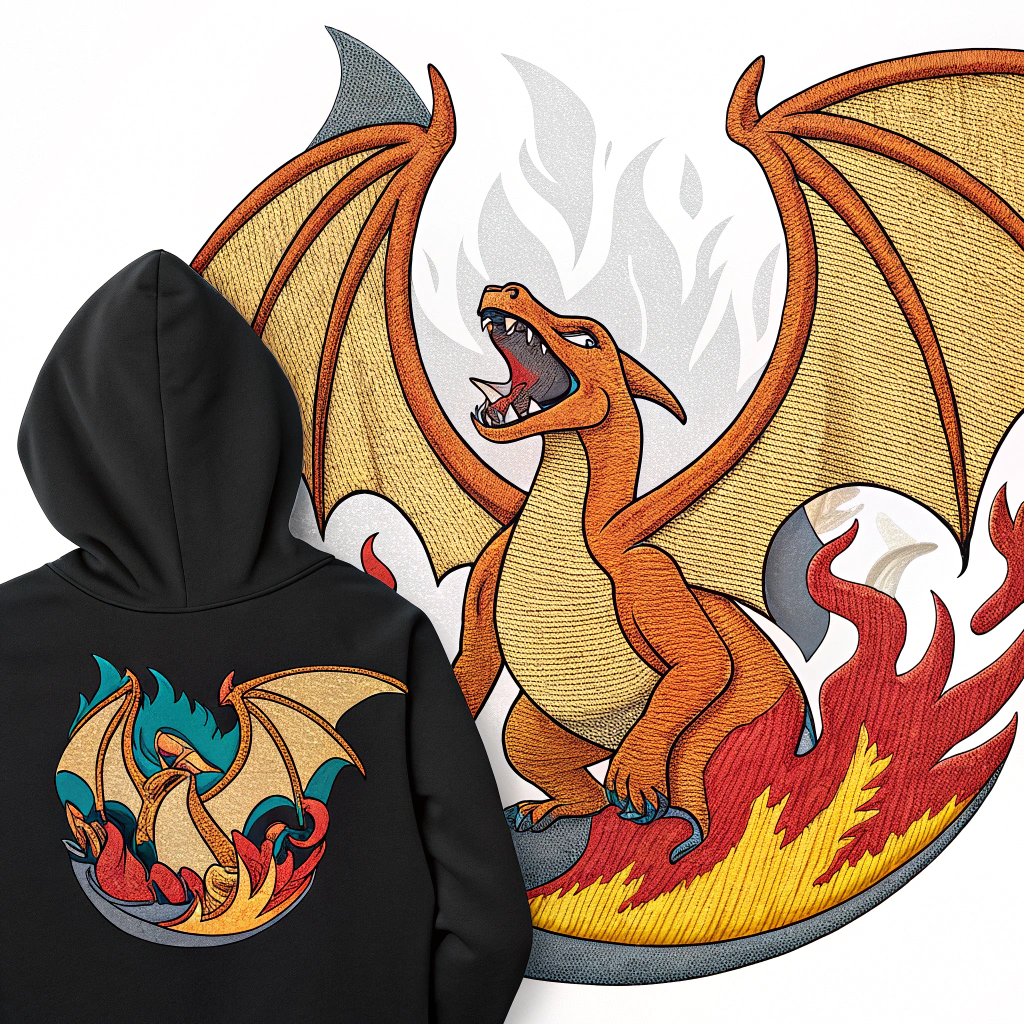 AI generated image by Red Panda AI: A detailed embroidery design of Charizard (Dracaufeu) roaring with wings spread wide, surrounded by dynamic flames in shades of orange, red, and yellow, stitched in clean, layered embroidery. The style is modern yet suitable for embroidery, with sharp lines and bold shapes translated into thread textures. Charizard’s eyes glow in a piercing blue, creating contrast against the warm fire tones. The flames are stylized with smooth gradient stitching to create depth and movement. The background is minimal, with subtle smoky and ember textures suggested through threadwork. Designed to fit prominently on the chest of a black hoodie, with additional embroidered flame details running along the sleeves for a cohesive look