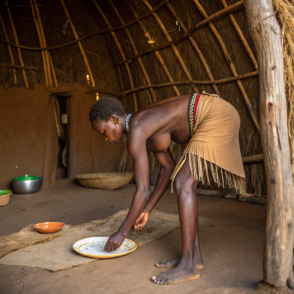 AI generated image by Red Panda AI: african tribeswoman(bareness) leaning to pick up a plate from the floor, warm colors, interior of a straw hut setting, back shot,big posterior