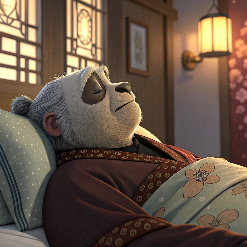 AI generated image by Red Panda AI: KUNG FU PANDA VIEJO, ACOSTADO EN UNA CAMA, CARA ARRUGADA Y PELOS CANOSOS