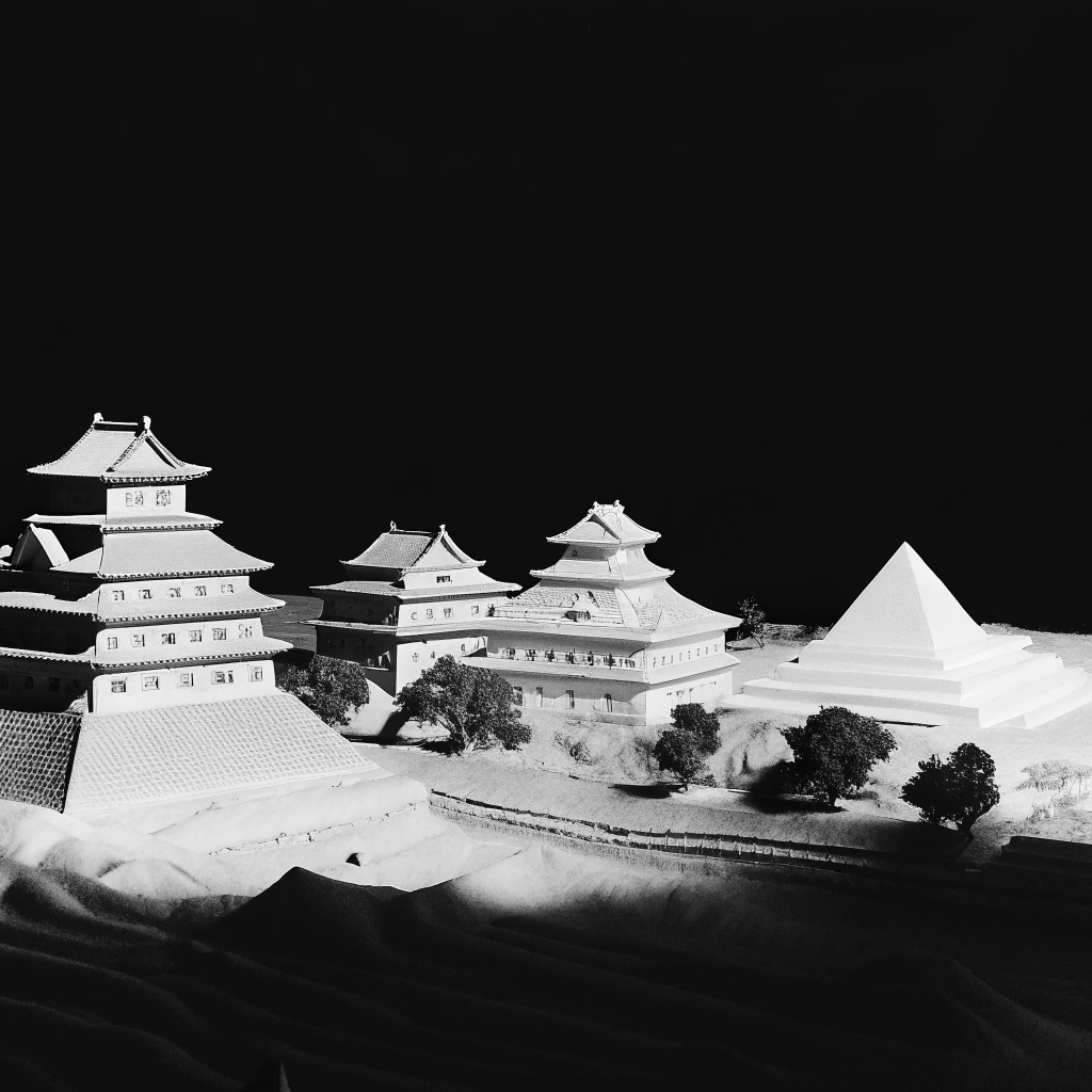AI generated image by Red Panda AI: Hay castillos japoneses, castillos europeos y pirámides en la superficie de la tierra.