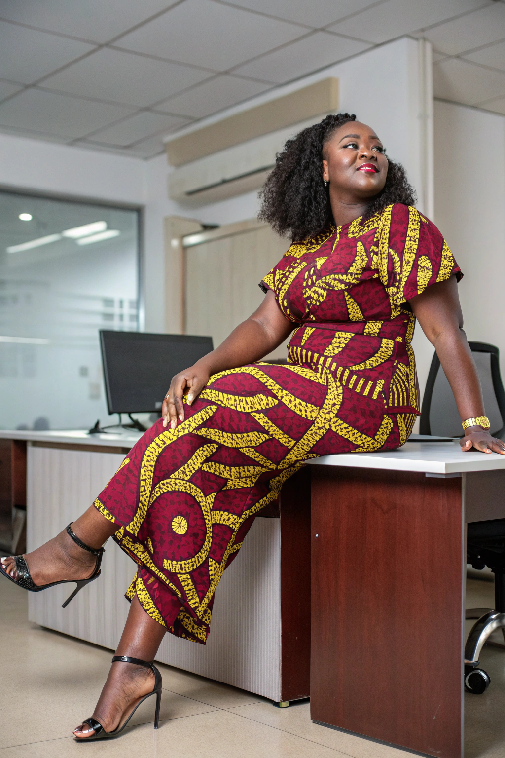 AI generated image by Red Panda AI: Editorial Photography, a stunningly beautiful Black woman in her early 30s exuding confidence and grace. Dressed in a vibrant Ankara two-piece in a rich burgundy and gold color scheme featuring Ashanti symbols, suitable for an office setting. Shot at eye level with a Nikon Z7 II using a 35mm lens, capturing her full body as she sits on her desk, one leg crossed over the other, accentuating her curves. The bright and balanced lighting highlights her poise and the unique details of her outfit.
