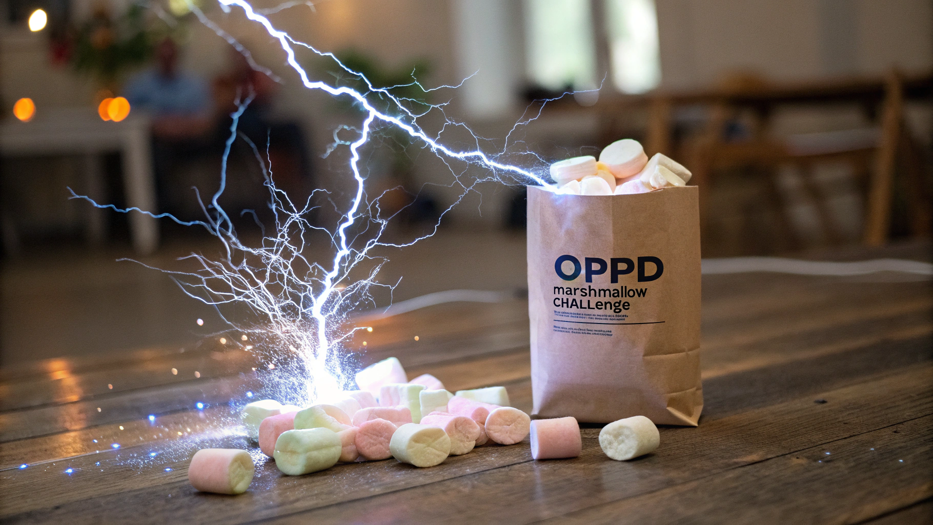 AI generated image by Red Panda AI: bag of marshmellows say "OPPD Marshmellow Challenge" on the side, elecriticy is shooting everywhere, power and light