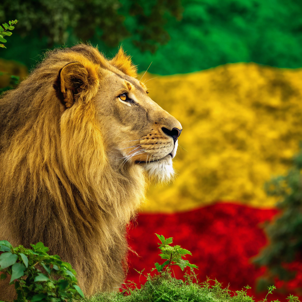 AI generated image by Red Panda AI: Lion with the colors red, yellow and green on the background