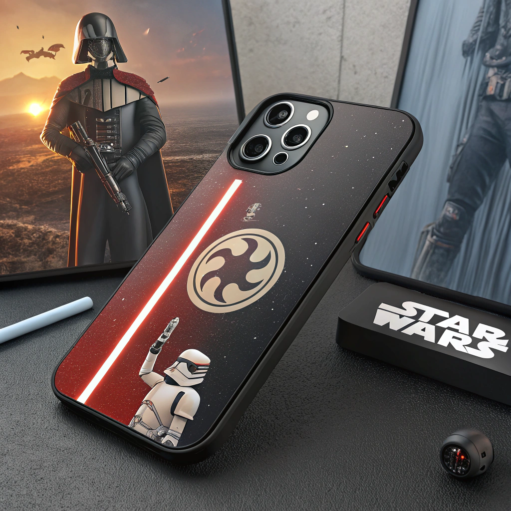 AI generated image by Red Panda AI: Crie um modelo de capa de celular com tema star wars, use um iPhone 15 pro max como modelo, em alta qualidade e que o fundo da foto acompanhe a capa