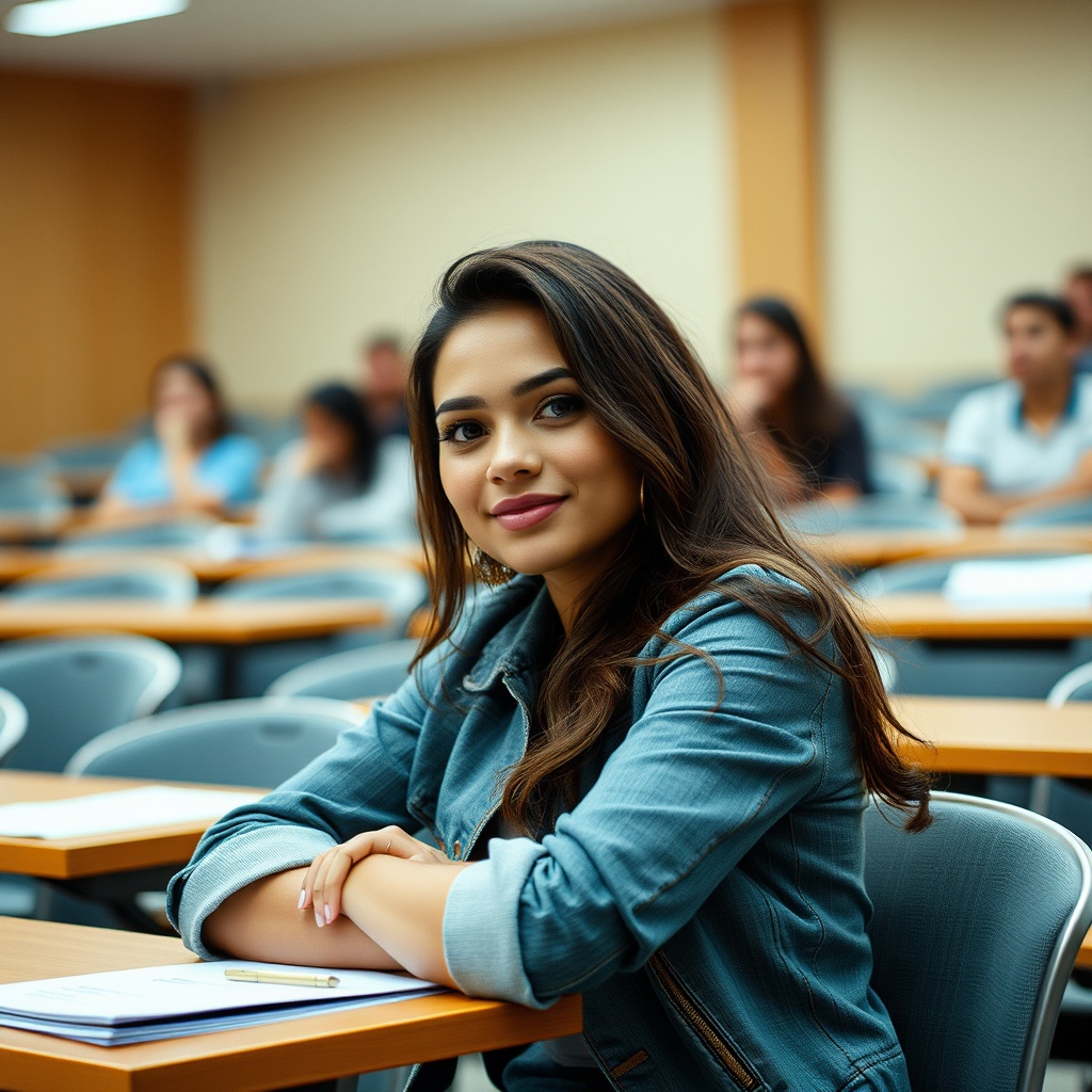 AI generated image by FLUX.1-schnell: Foto de bella mujer latina de 19 años en un salón de clases en la universidad