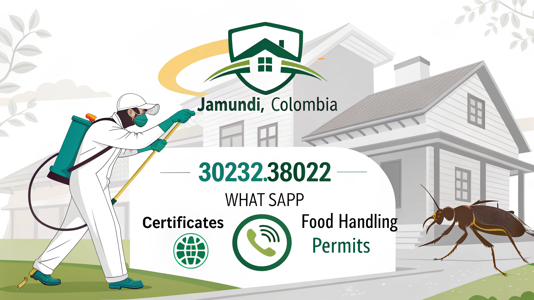 AI generated image by Red Panda AI: quiero una publicidad para una empresa de control y exterminio de plagas ubicada en Jamundi, Colombia. Numero de contacto con whatsapp 3023238022. Con certificados de control de plagas para negocios y venta de carnet de manipulación de alimentos. letras en español.