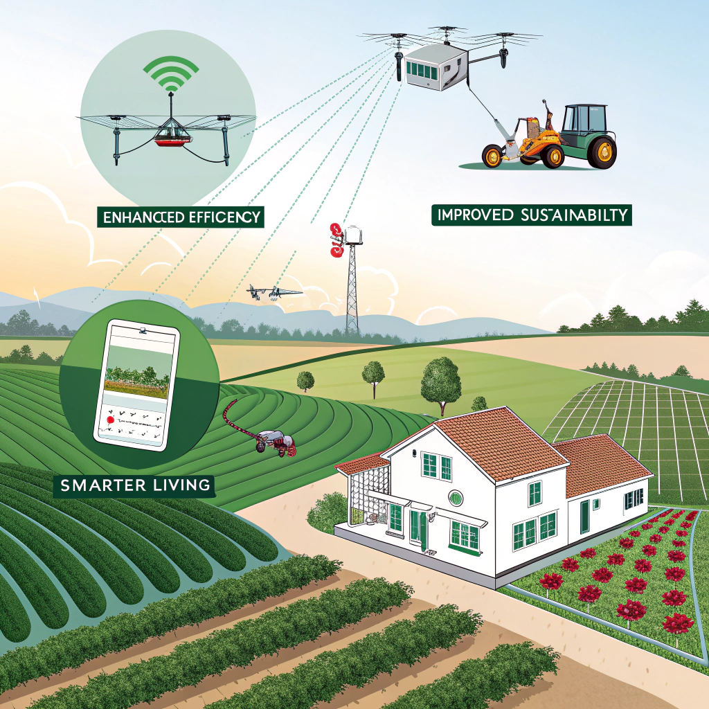 AI generated image by Red Panda AI: Depict the integration of IoT in agriculture and home settings in an attractive way. Offer numerous benefits, from enhanced efficiency and productivity to improved sustainability and safety. Show that technology continues to advance, and how embracing IoT solutions can lead to smarter, more connected living and farming experiences. Remove the text from the image, or replace it with English words in New Century Schoolbook font.