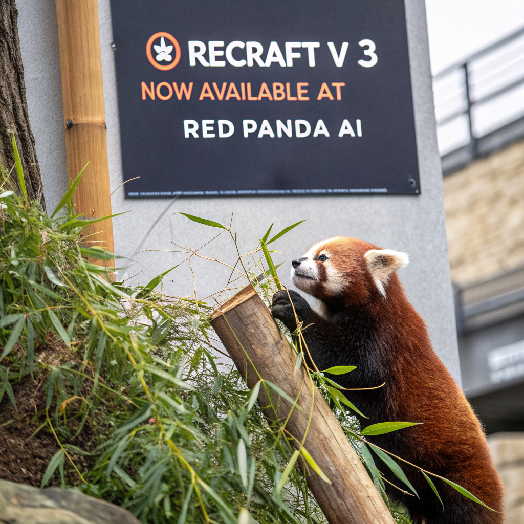 AI generated image by Red Panda AI: a red panda eating a bamboo in front of a poster that says "recraft V3 now available at red panda ai