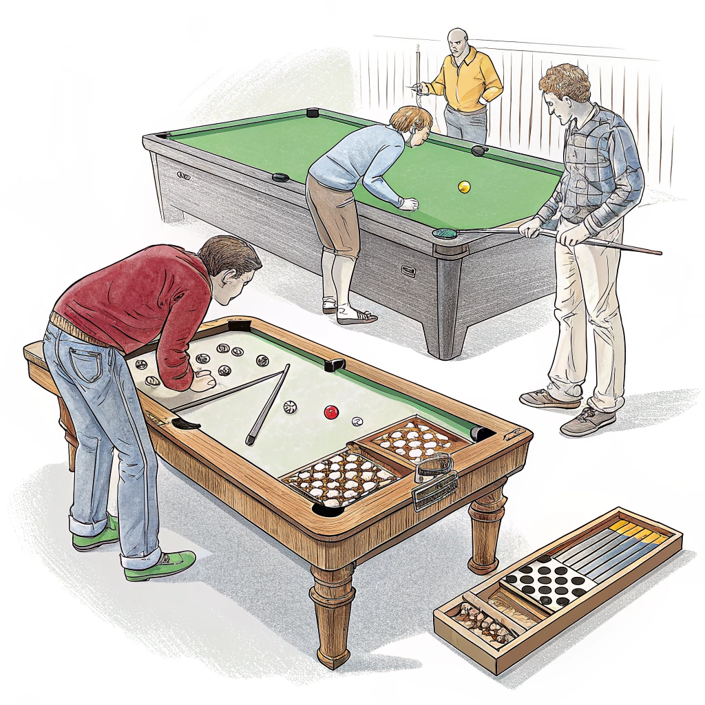 AI generated image by Red Panda AI: i wanted a image including of games like: snooker, Chess Table, Game Board, Backgammon game. in these i wanted a image like real people playing it, it should be arranged horizntaly like a reference picture i will send you now.give me pencil drawing