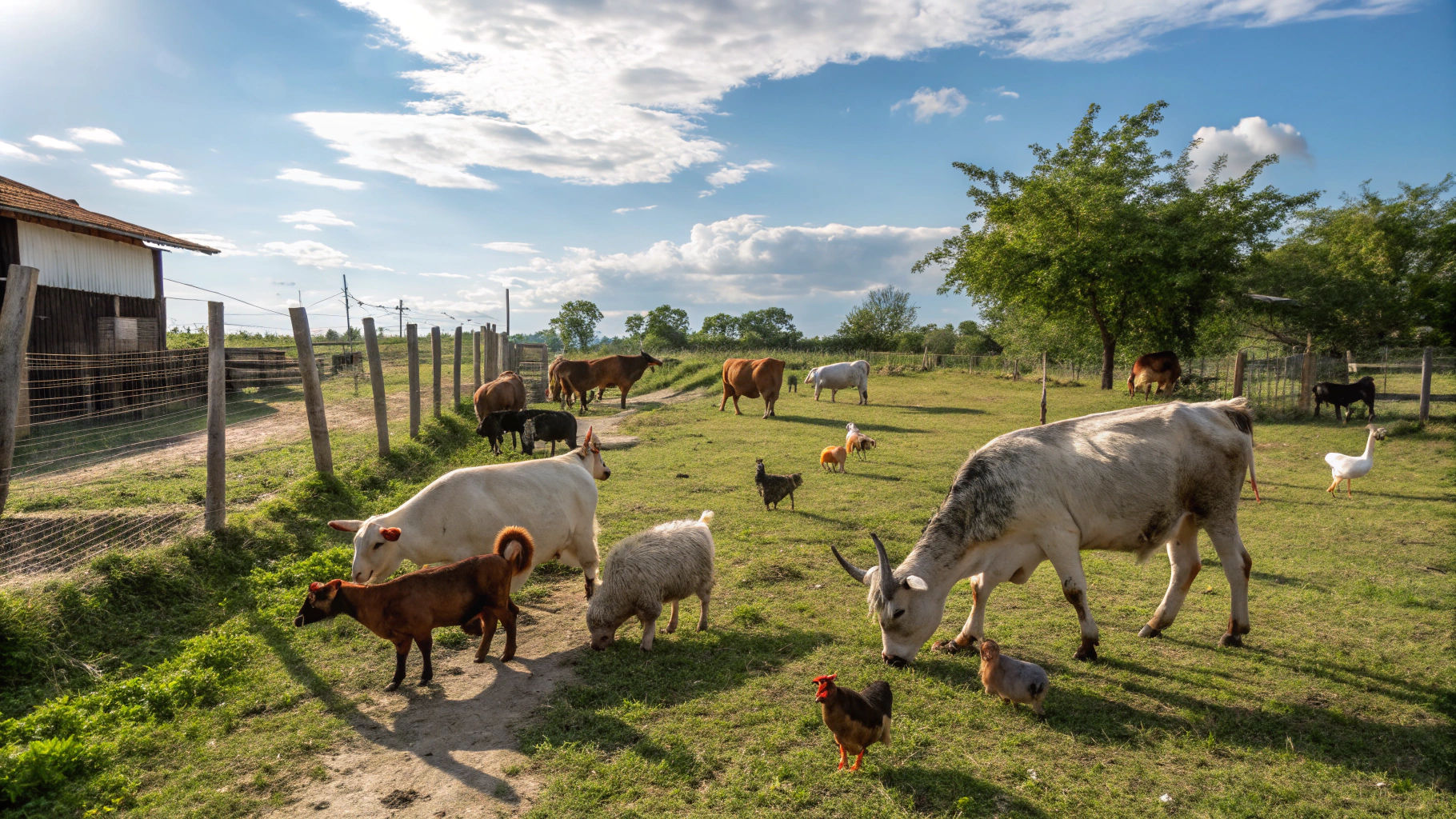 AI generated image by Red Panda AI: image of domestic animals, cows, oxen, goats, pigs, chickens in a small pasture area; sunny sky with few clouds in the background;