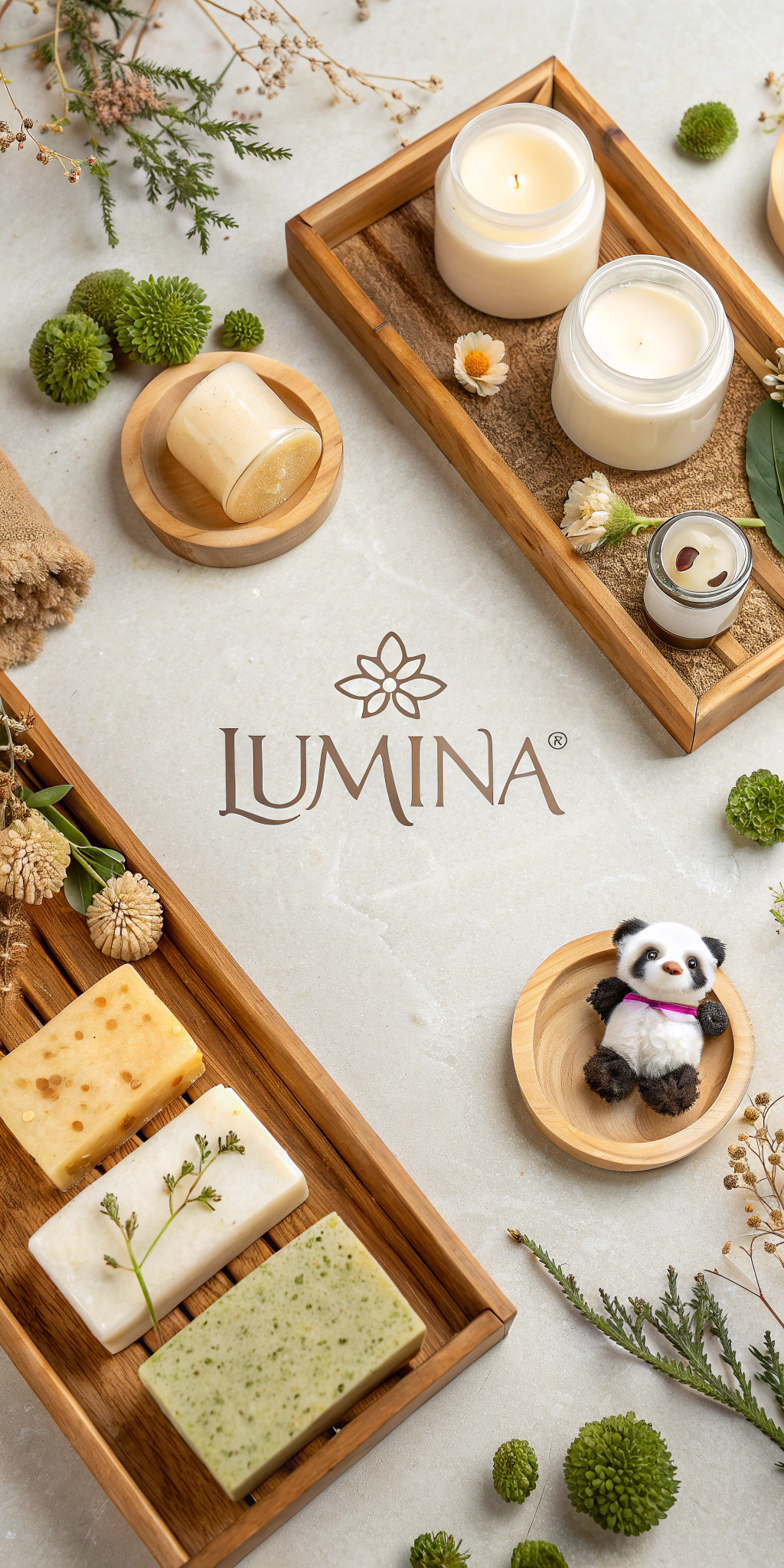 AI generated image by Red Panda AI:
“A luxurious and natural-themed product display featuring handmade soaps, jars, and wellness products arranged elegantly. The scene includes wooden trays, natural moss, dried flowers, and beige tones to create a clean and organic aesthetic. Prominently displayed in the center is the brand name ‘Lümina’ in an elegant serif font, surrounded by minimalist packaging and botanical elements. The design emphasizes softness, luxury, and natural beauty, with sharp details and a warm, inviting atmosphere. Add a subtle artistic touch with the presence of a small, red panda sitting gracefully near the arrangement, symbolizing care and harmony with nature.”