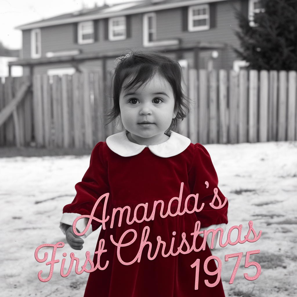 AI generated image by ideogram 2.0: Amanda's First Christmas 1975 Pink Text Design
