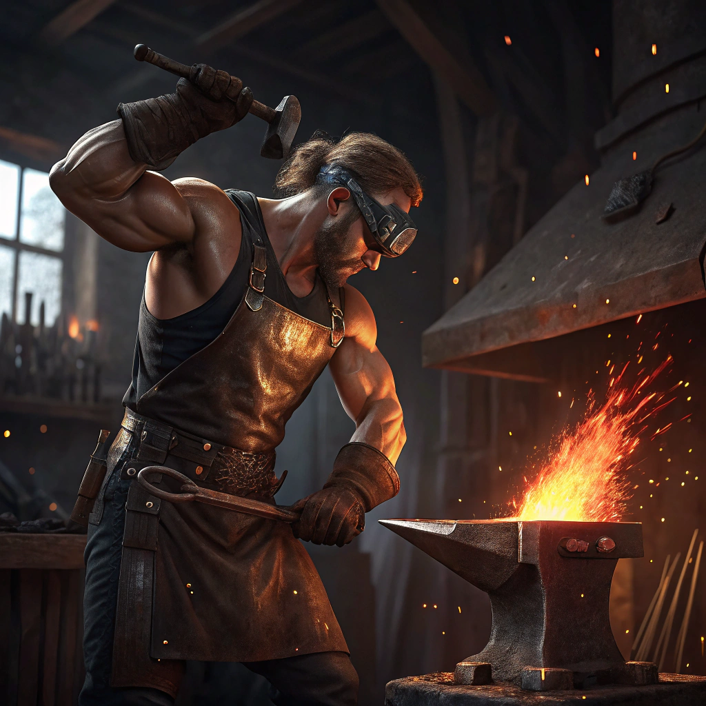 AI generated image by Red Panda AI:
Illustrate a scene of a blacksmith forging a metal flange in a traditional steel forge. The man is muscular and focused, wearing a leather apron, gloves, and safety goggles. His arms are raised as he hammers down onto the heated metal flange, which glows a bright orange-red from the heat. Sparks fly from the impact, illuminating his determined expression. The forge behind him emits a warm, fiery glow, with tools, anvils, and other pieces of metalwork scattered around the workshop. The background is dimly lit, contrasting with the intense brightness of the forge fire and the glowing metal.