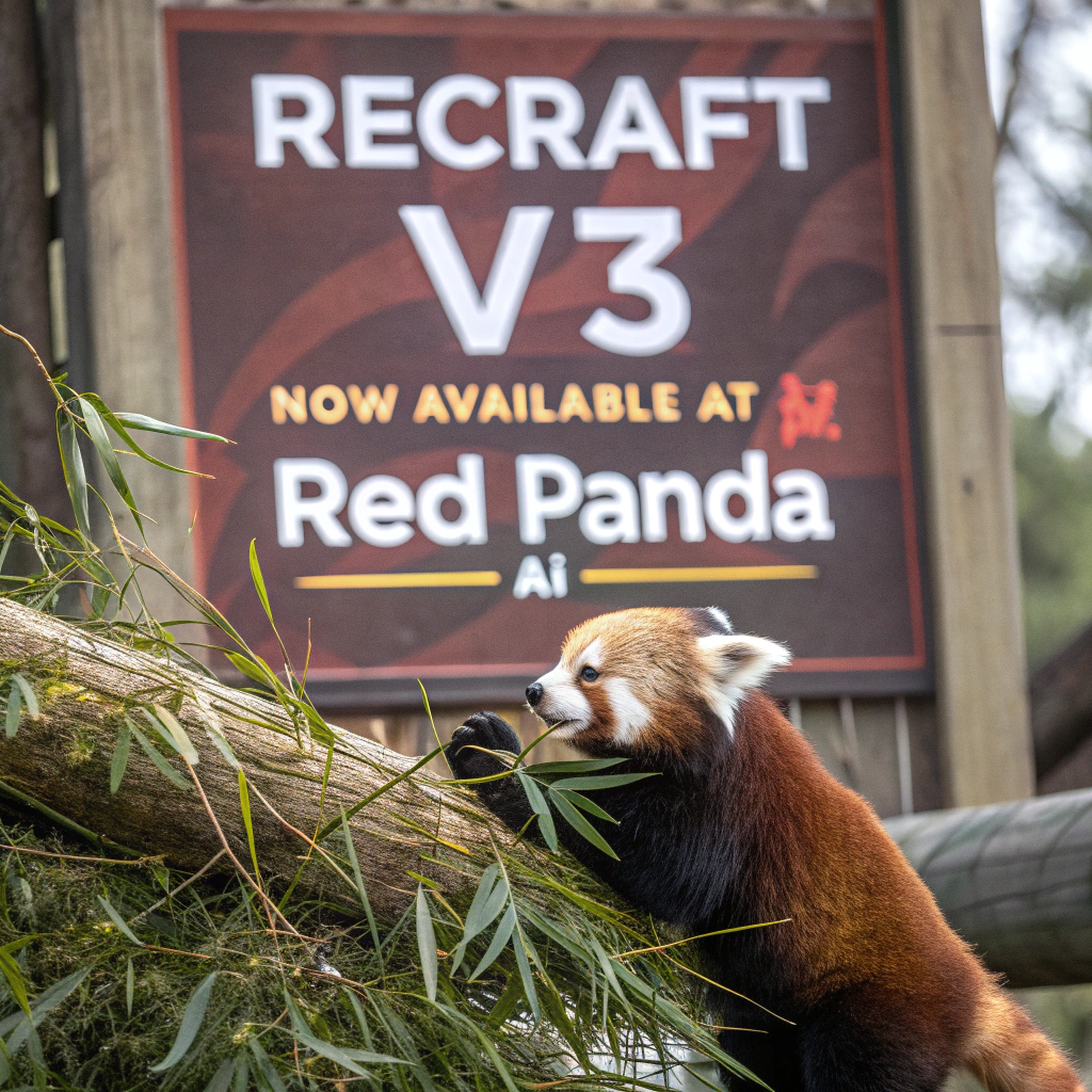 AI generated image by Red Panda AI: a red panda eating a bamboo in front of a poster that says "recraft V3 now available at red panda ai