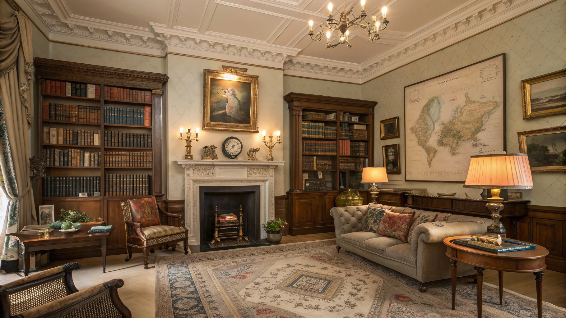 AI generated image by Red Panda AI: An elegant Victorian drawing room belonging to a meticulous and wealthy 19th-century English gentleman, inspired by Phileas Fogg's London home in "Around the World in Eighty Days."
A spacious and tidy room with walls covered in soft-toned wallpaper, bookshelves with leather-bound books, a marble fireplace with a clock and candelabras, Chesterfield armchairs upholstered in fabrics with understated patterns, a side table with a world map and travel souvenirs, artwork and antiques displayed on shelves and in glass cases, heavy curtains, an oriental rug, and warm lighting from period lamps.
Authentic British Victorian style, circa 1870, refined and symmetrical decor, a tranquil and aristocratic atmosphere.
A wide frontal view like a theatrical set, centered composition, no people, no movement, no clutter, no text.
Ultra-high resolution, highly detailed, realistic, cinematic lighting, theatrical backdrop, 16:9 horizontal