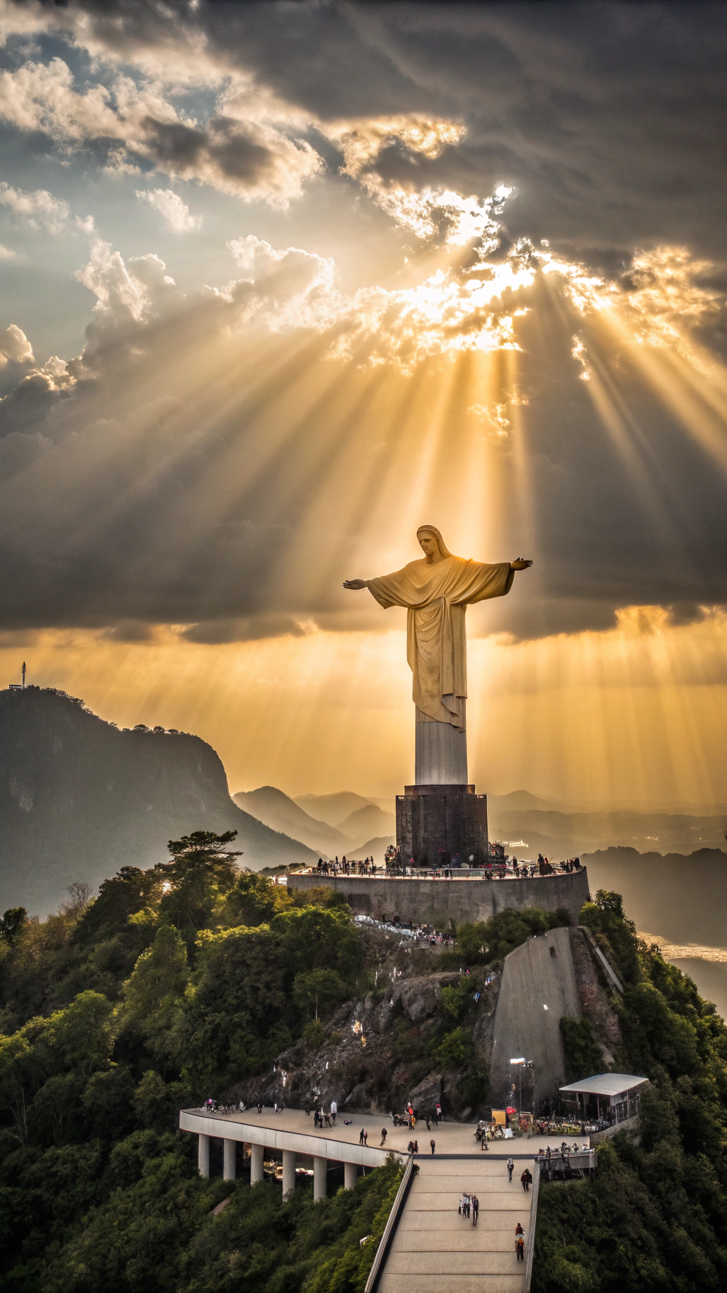 AI generated image by Red Panda AI: "Una representación artística y simbólica de Dios, que transmita omnipresencia, amor infinito y sabiduría eterna. La imagen debe ser etérea y luminosa, con una figura central que irradie luz dorada y celestial, rodeada de un aura de paz y armonía. Incluye elementos simbólicos como un cielo infinito, rayos de luz divina, y detalles que reflejen la conexión con la naturaleza y la humanidad. El estilo debe ser majestuoso pero accesible, combinando realismo con un toque surrealista para evocar la trascendencia divina."