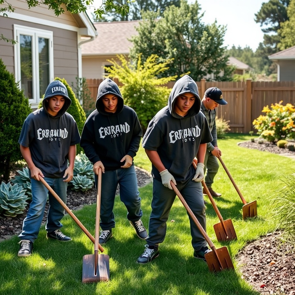 AI generated image by FLUX.1-schnell: Create an image of 4 or 5 Christian youth, white and Hispanic gang members, working in a nice yard doing yard work. Dress them in typical gang clothing, with the name "Errand Boys" on it.