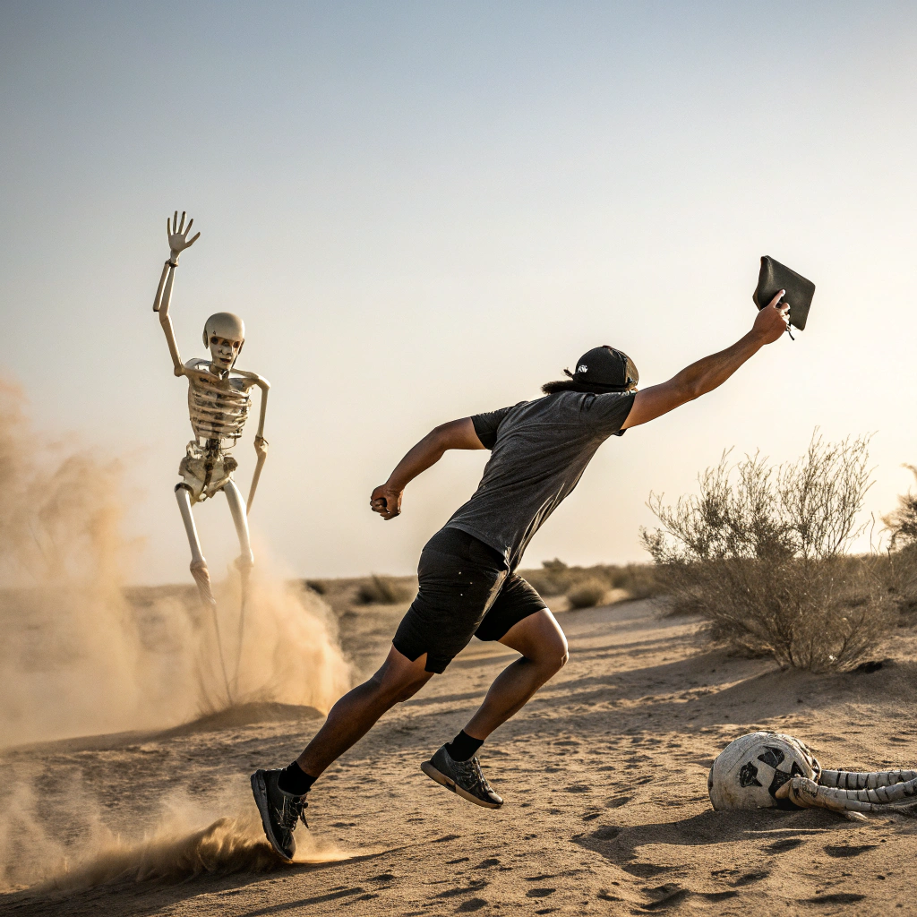 AI generated image by Red Panda AI: With a wallet in the desert, the person starts running super fast, raising dust, and when he reaches the finish line he is a skeleton.