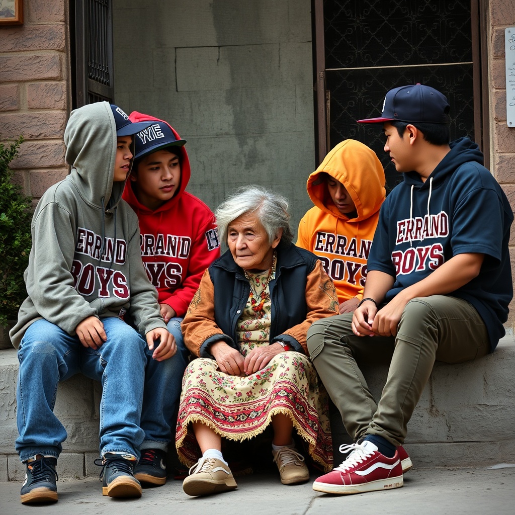 AI generated image by FLUX.1-schnell: Create an image of 4 or 5 young Christian, Hispanic gang members, sitting and talking with an old woman. Dress them in typical gang clothing, with different colors and style, with the name "Errand Boys" on it.