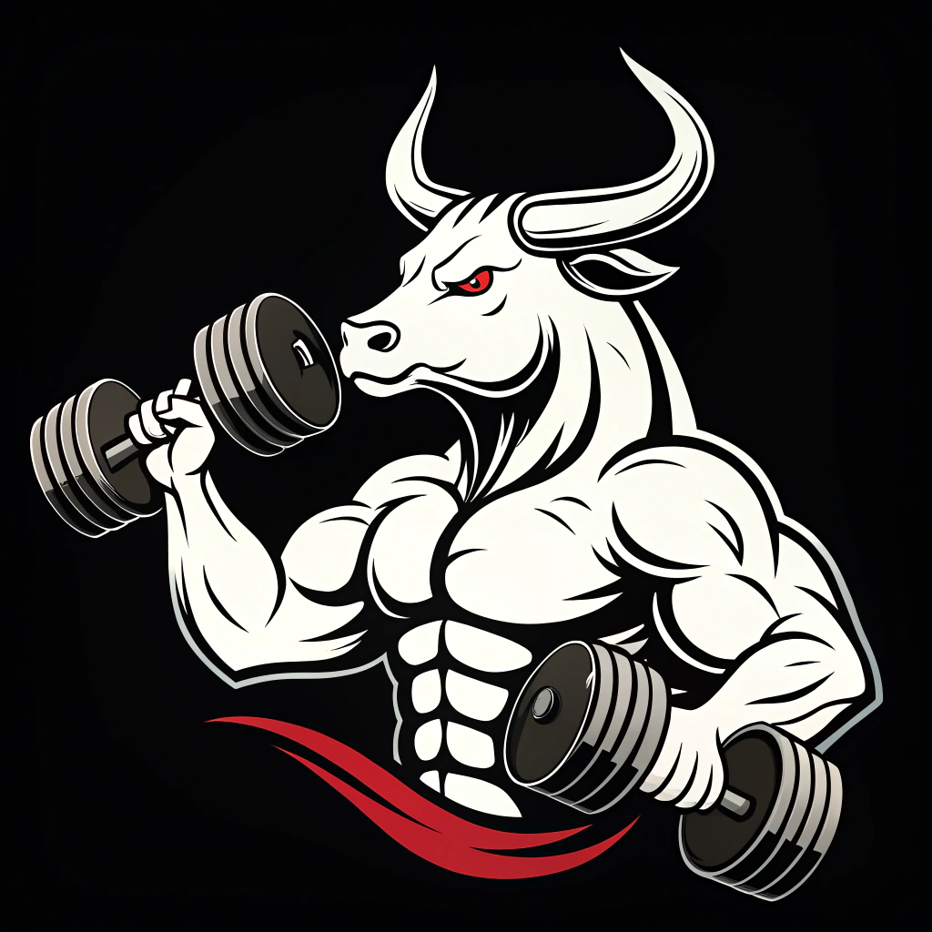 AI generated image by Red Panda AI: "Create a high-quality logo of a muscular bull holding dumbbells in its hands. The design should be bold and dynamic, emphasizing strength and power. Use a white color scheme for the bull against a solid black background. The logo should be clean and modern, without any text or additional elements, focusing solely on the imagery of the bull and the dumbbells."