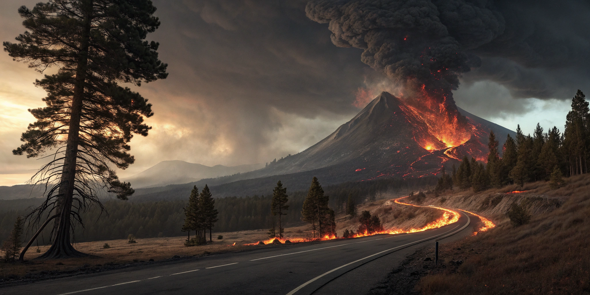 AI generated image by Red Panda AI: volcan en errupcion con lava y arboles en llamas en la carretera ilustracion