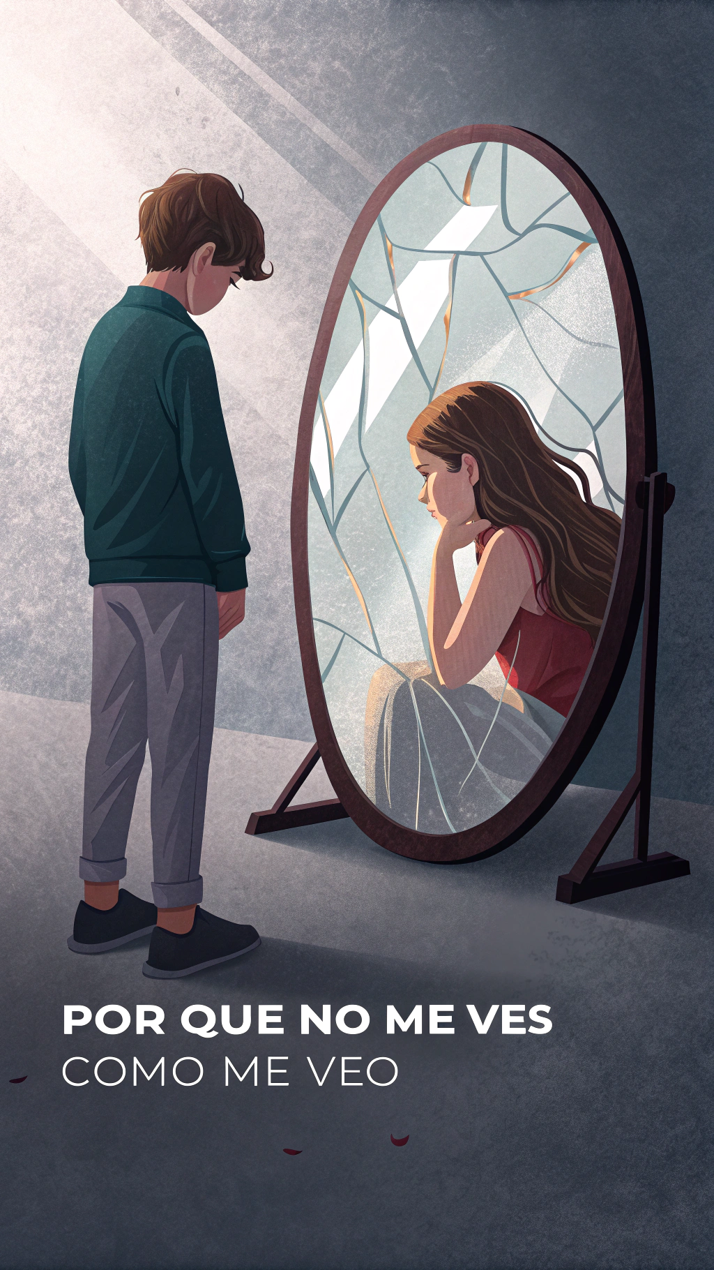 AI generated image by Red Panda AI: “A poster in Corporate Memphis style with a soft grayish background. In the center, a large, cracked mirror with irregular fractures. In front of the mirror, a boy with a sad expression and stooped posture looks at himself. However, the reflection in the mirror shows a girl with soft features, flowing hair and a melancholy gaze. The lighting is subtle, with shadows. At the bottom, the phrase 'Por qué no me ves como me veo' appears in bold, modern typography, highlighting the colors of the trans flag.