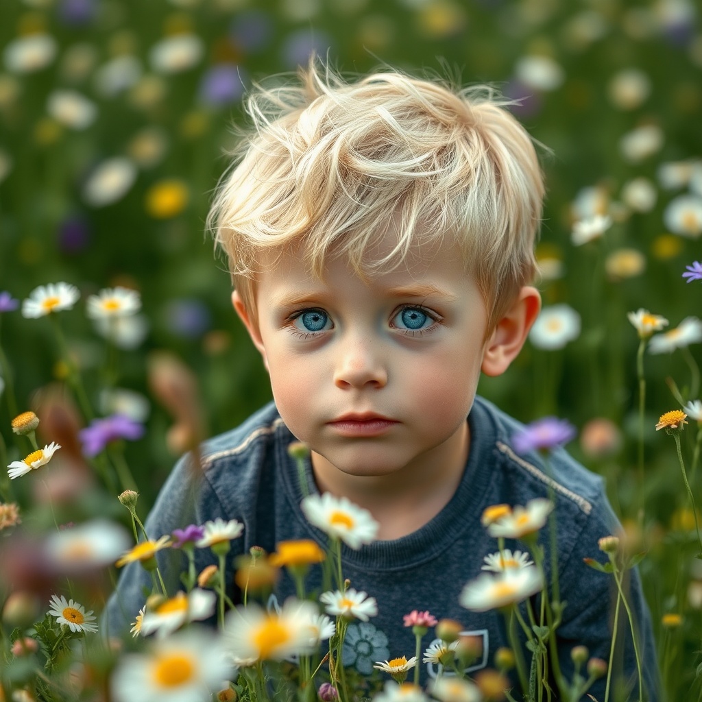 AI generated image by FLUX.1-schnell: garçon de six ans blond aux yeux bleu en extase dans un champ de fleurs