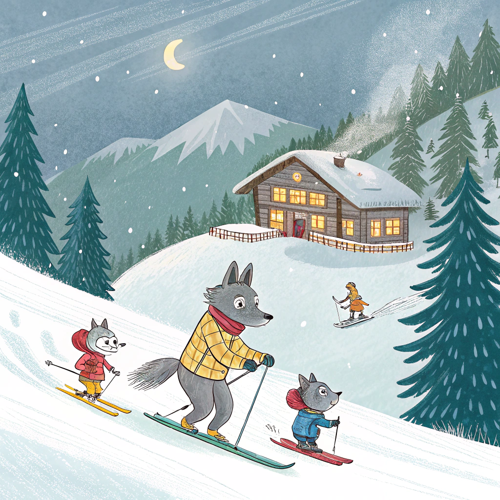 AI generated image by Red Panda AI: a wolf family snow skiing downhill at a beautiful mountainous ski resort