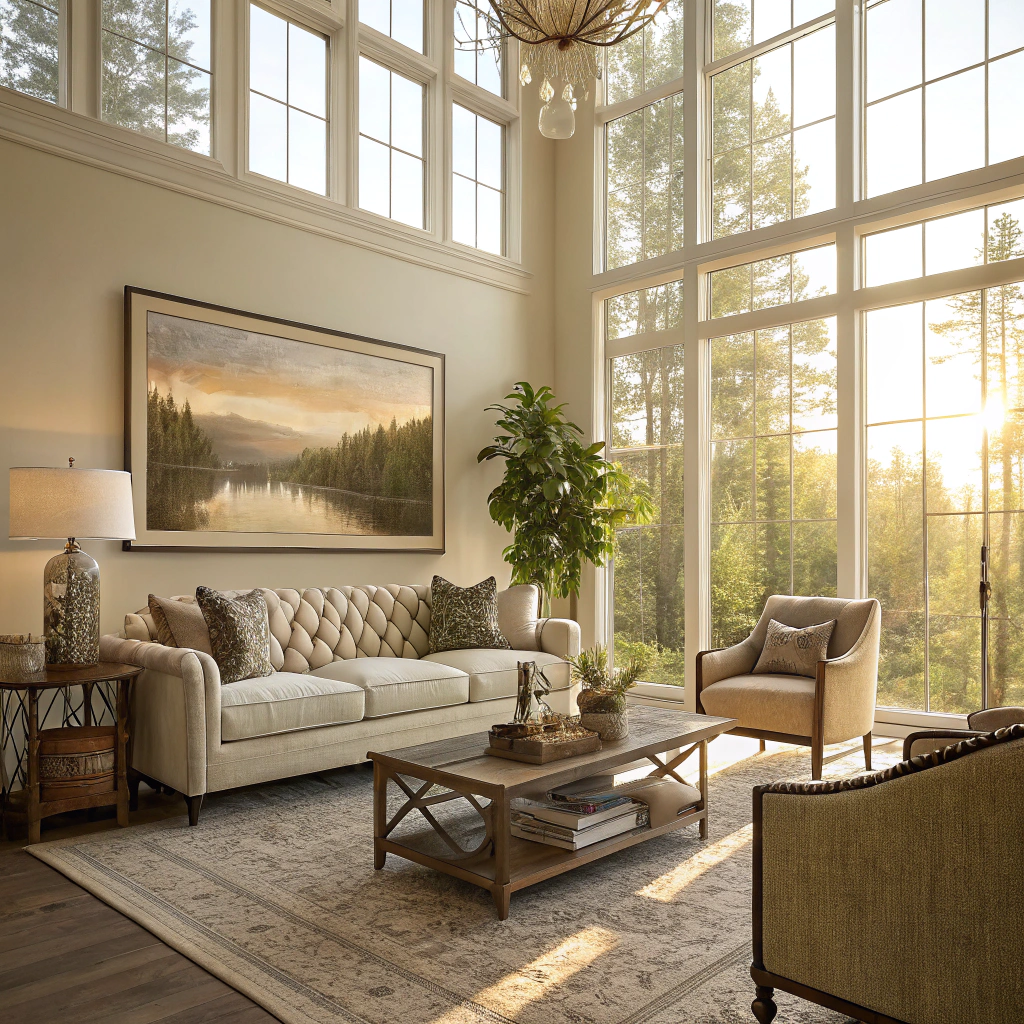 AI generated image by Red Panda AI: A Modern Natural Style living room filled with sunlight and comfort, featuring a stunning and elegant set of framed artwork on the wall.