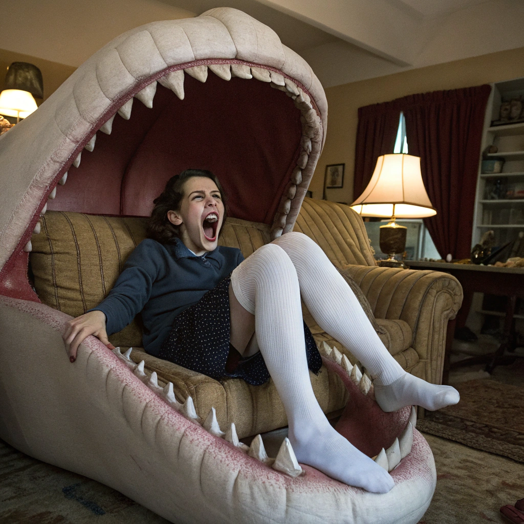 AI generated image by Red Panda AI: realistic photo of screaming winona ryder, inside the mouth of a huge freaky couch monster. she is wearing long white stockings and no shoes. legs outstretched. socks focus. living room background.