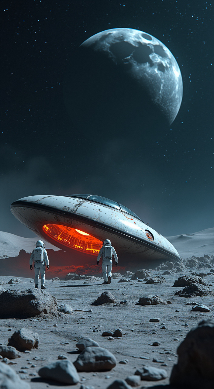 AI generated image by FLUX.1-pro: "In a futuristic on the dark Moon, a crashed is UFO space vehicle is embedded in the lunar soil, half inside and half outside of the surface, in a state of ruin. lit futuristic astronauts approach the craft, examining it with curiosity. barren gray landscape and a star-filled sky, while the astronauts wear striking, modern suits illuminated by vibrant