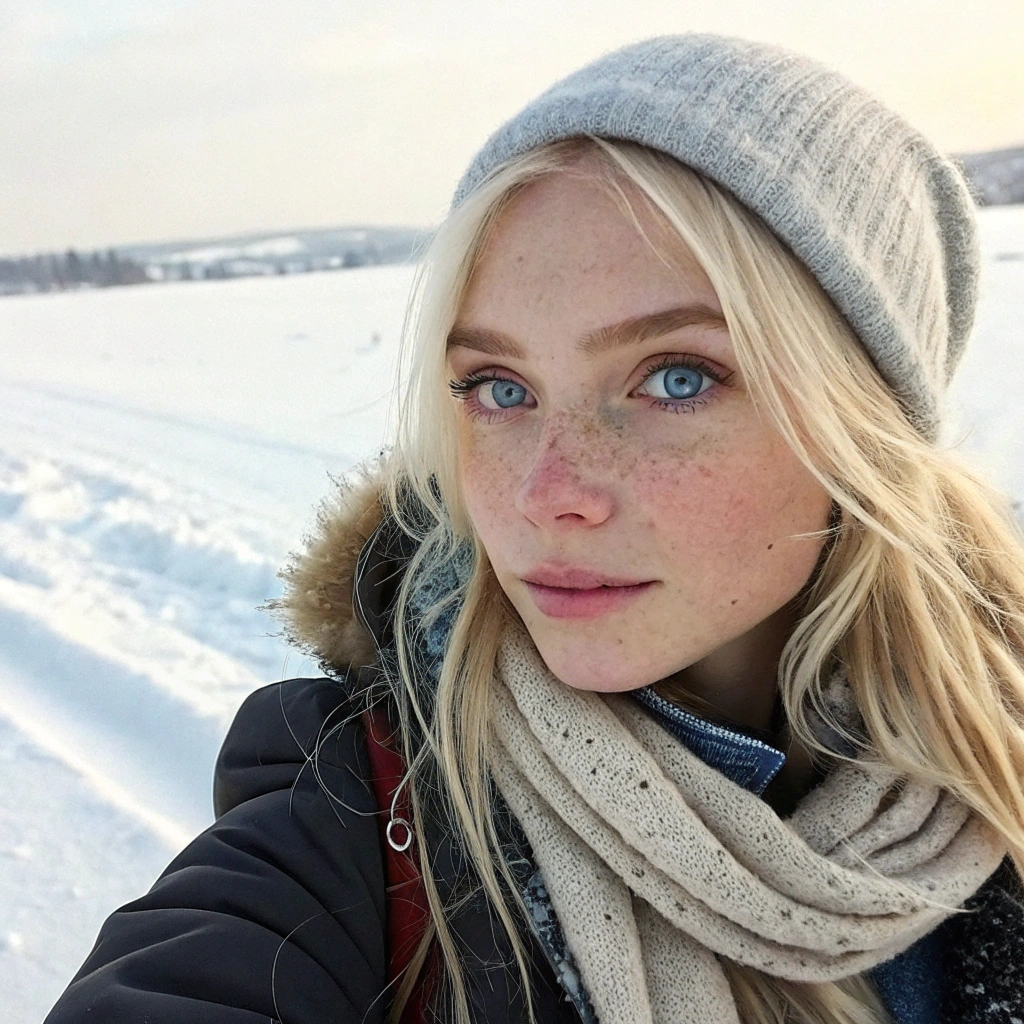 AI generated image by Red Panda AI: A raw photo taken from a selfie POV in a snowy landscape. The subject is a young blonde woman with pale skin and striking azure blue eyes, dressed warmly for winter. The photo is high-resolution, in 4k quality, capturing the details of her skin texture and the brightness of her eyes. The background shows soft snow falling over a calm, white landscape, with natural lighting that highlights her face, creating a serene and authentic atmosphere.