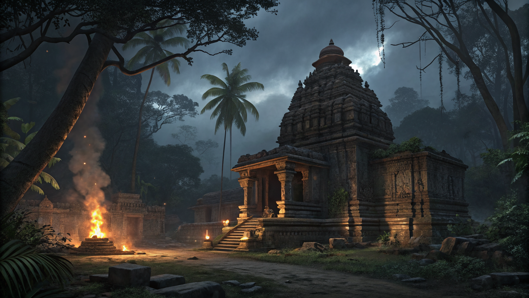 AI generated image by Red Panda AI: 19th-century ruined Hindu jungle temple at night, sacred clearing with burning funeral pyre and torches, firelight illuminating carved stone shrine and dense jungle, smoke drifting upward, deep shadows, mystical ritual atmosphere, empty scene, no people, theatrical stage backdrop, ultra detailed, 16:9