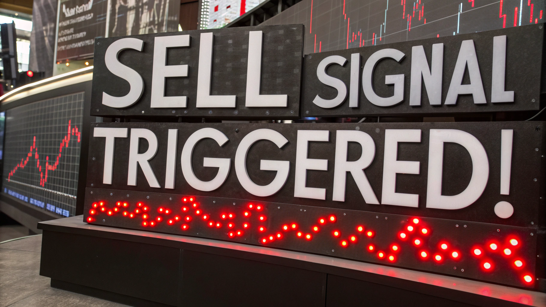 AI generated image by Red Panda AI: "Sell Signal Triggered!" is the sign. It is flashing red lights, big, bold, clear, stock market motif