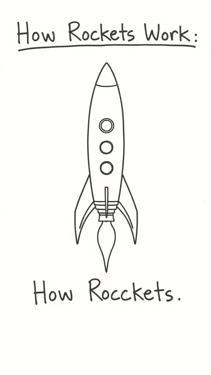 AI generated image by FLUX.1-schnell: Simple whiteboard drawing of a rocket.
Black marker sketch.
Pure white background.
Three labels: Engine, Fuel Tank, Command Module.
Large title: How Rockets Work.
Minimal 2D line art.