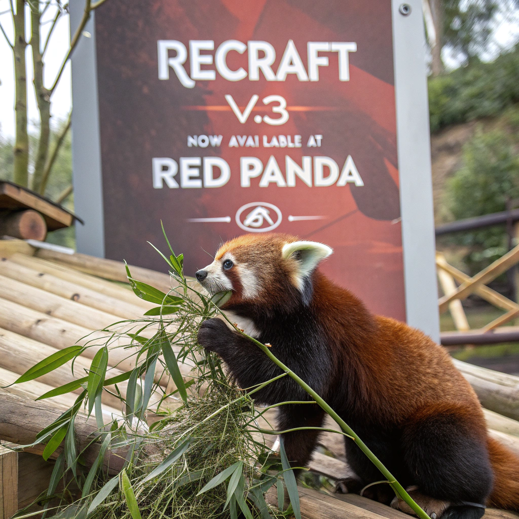 AI generated image by Red Panda AI: a red panda eating a bamboo in front of a poster that says "recraft V3 now available at red panda ai