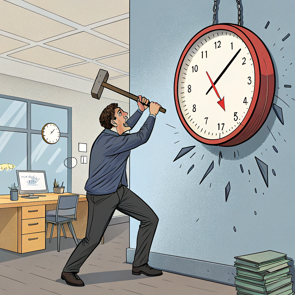 AI generated image by Red Panda AI: Un reloj de pared colgado en una oficina, al borde de ser destruido por un mazo que se acerca en pleno movimiento, todo en un estilo de cómic vibrante y dinámico. Captura el momento de tensión justo antes del impacto, con detalles expresivos y un enfoque dramático en la escena.