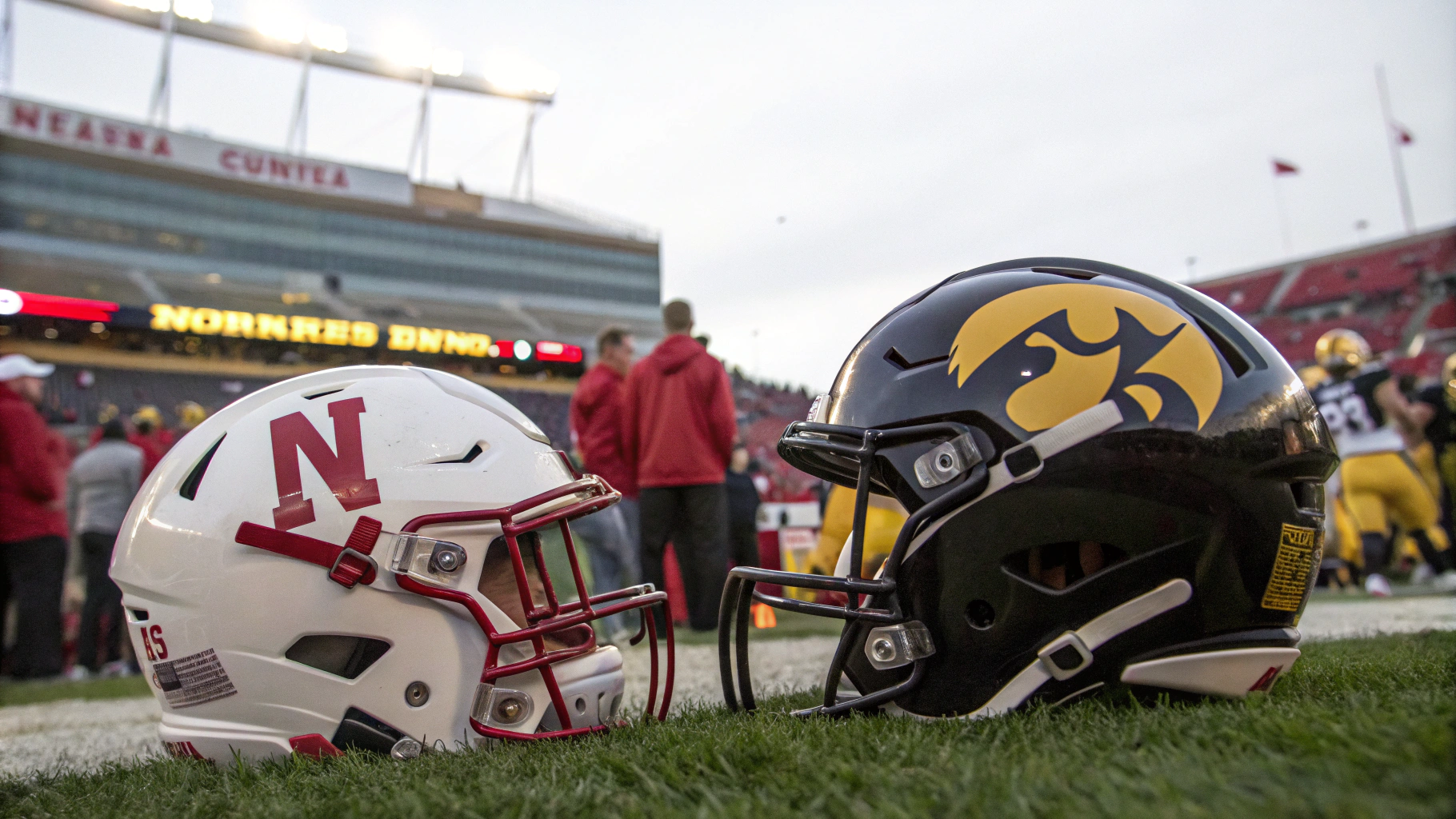 AI generated image by Red Panda AI: Nebraska Cornhuskers helmet facing an Iowa Hawkeyes helmet on gameday