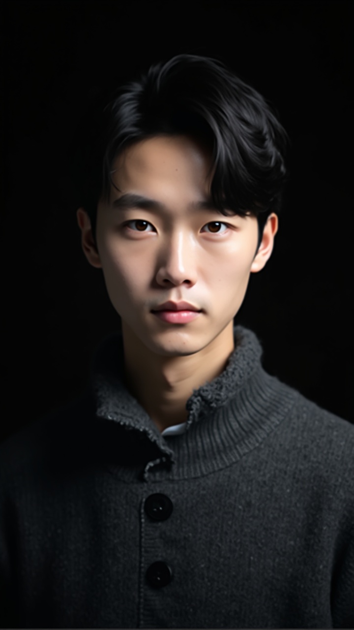 AI generated image by FLUX-Realism-Lora: Super Realism, Headshot of handsome young man, korean, wearing dark gray sweater with buttons, black hair, two block hair style, short hair, clear face, serious look on his face, black background, soft studio lighting, portrait photography --ar 85:128 --v 6.0 --