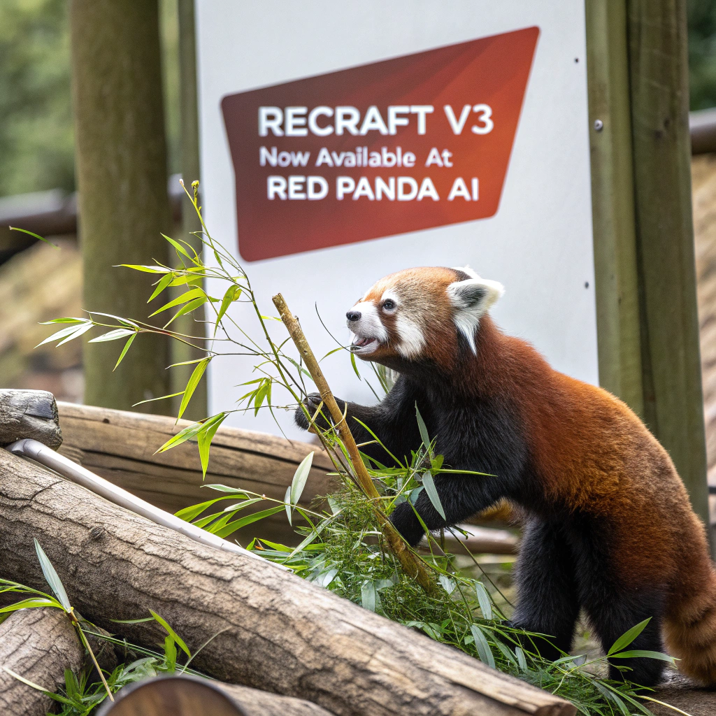 AI generated image by Red Panda AI: a red panda eating a bamboo in front of a poster that says "recraft V3 now available at red panda ai