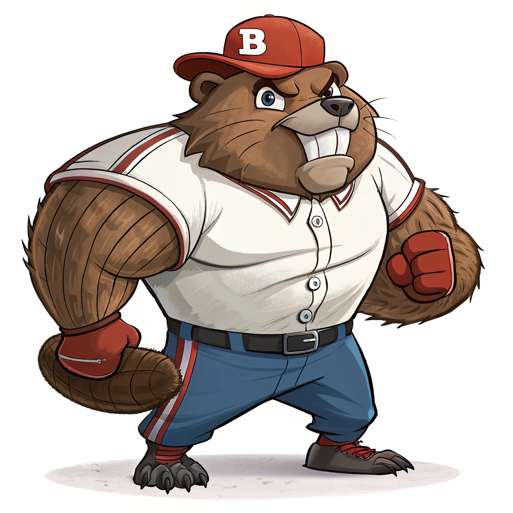 AI generated image by Red Panda AI: crea una imagen de un castor super musculoso con uniforme de beisbol, pero demasiado musculoso, super musculoso