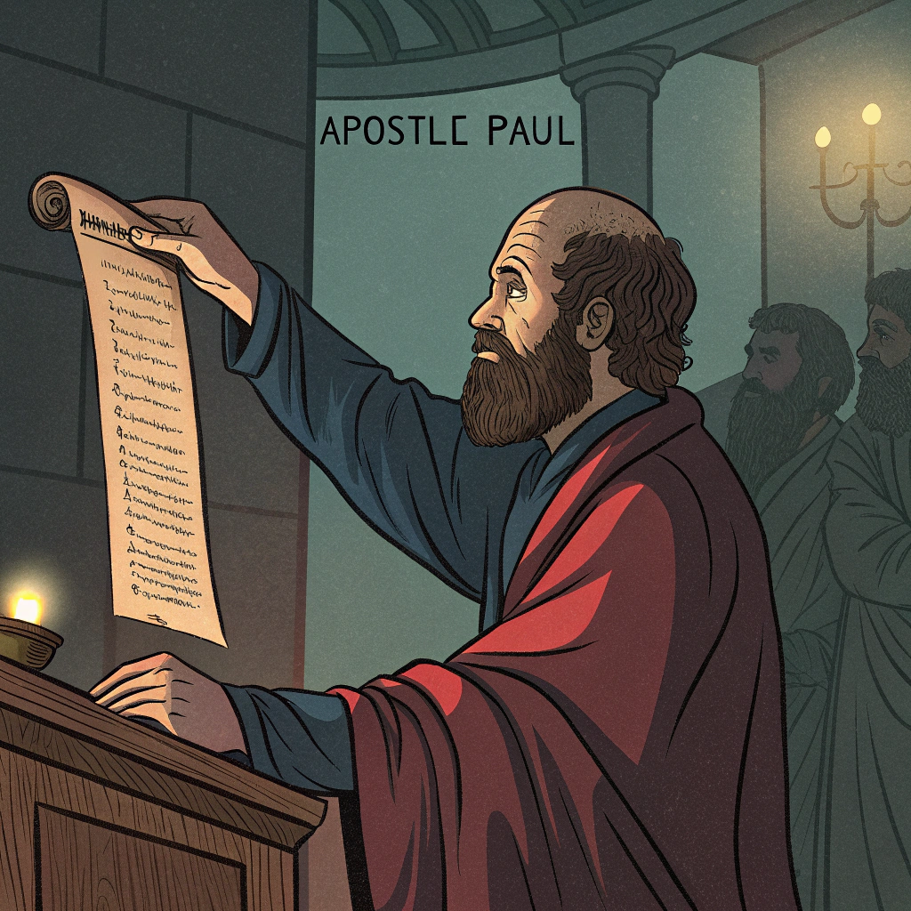 AI generated image by Red Panda AI: Create a high-definition, detailed illustration of the Apostle Paul describing the consequences of intellectual dishonesty and rejection of God's revelation. The image should depict a list of terrible sins resulting from this rejection, with Paul showing the depravity that follows. The setting should be solemn and reflective, with visual elements representing the moral decay and darkness.