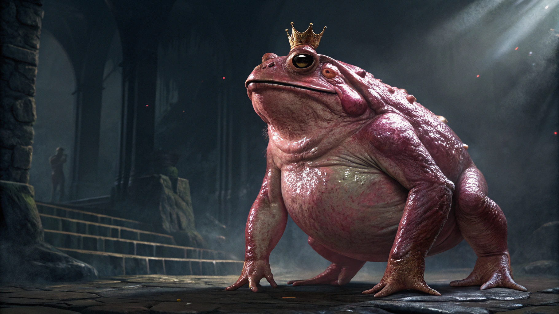AI generated image by Red Panda AI: ahora dame un rey sapo supremo con forma humanoide y muy grande y grotesco, de color rosa, con piel brillosa