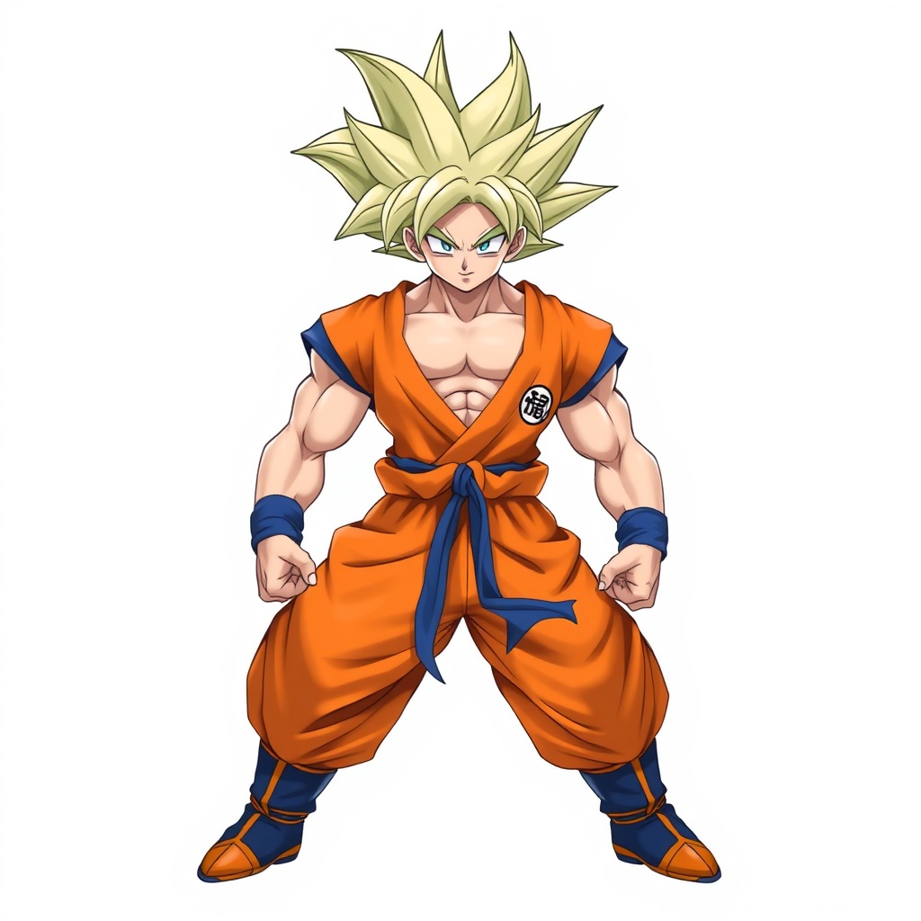 AI generated image by FLUX.1-schnell: Goku by Dragon Ball, , white background, full body front view, high quality , no clothes reality