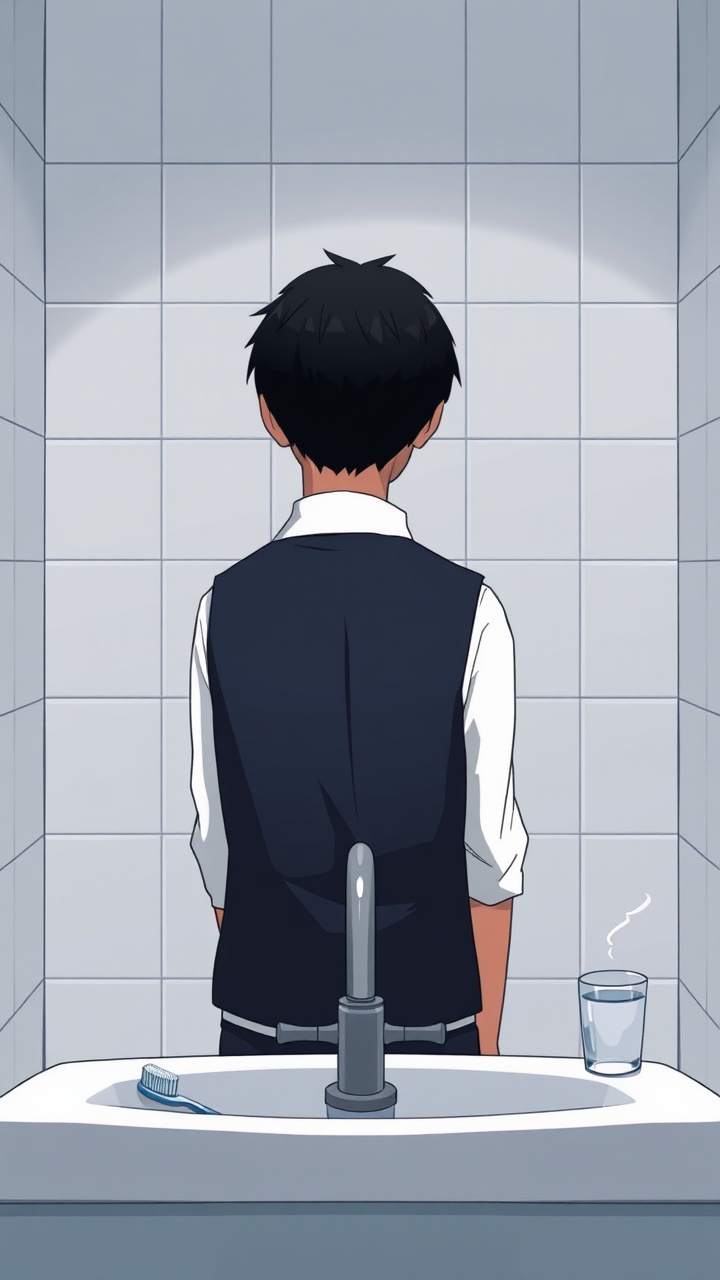 AI generated image by FLUX.1-schnell: Omocat's omori game artstyle, The image depicts a young person standing behind a bathroom sink facing the camera, their expression somber. Faucet faces away from the camera. Their dark hair is neatly styled, and they are dressed in a white shirt with a dark vest. The tiled walls behind them are plain and featureless, creating a sense of isolation. The only other elements in the scene are a toothbrush and a glass on the counter, suggesting a routine that the individual may find difficult to engage in. The overall mood of the image is melancholic, hinting at a sense of loneliness or sadness. The subdued colors and minimalist composition further contribute to the somber atmosphere. The image leaves room for interpretation, inviting viewers to consider the inner thoughts and feelings of the subject.