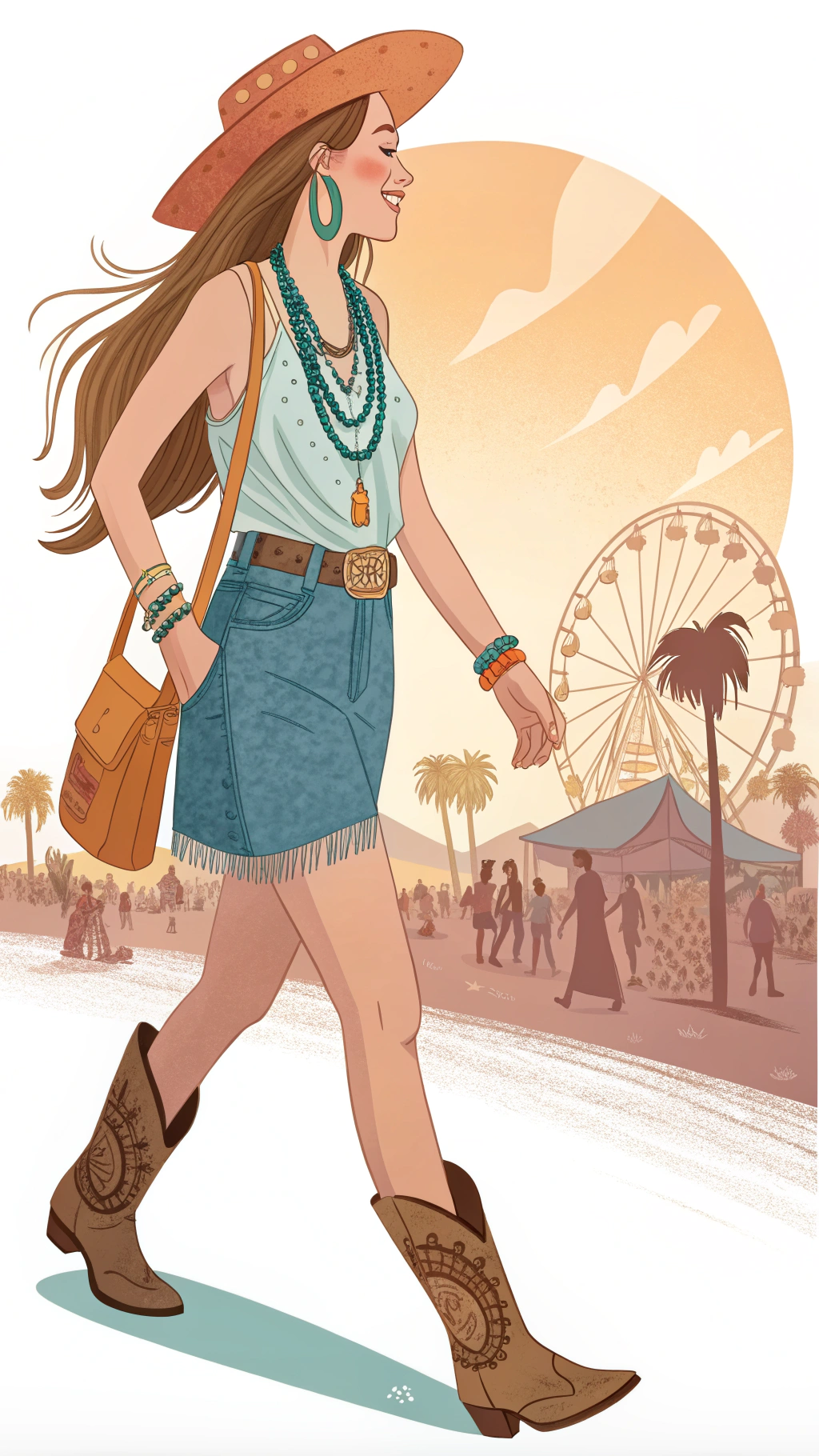 AI generated image by Red Panda AI: white background, flat vector illustration suitable for a poster or shirt. a twenty something long hair pretty girl walking at a festival in the desert at sunset wearing cowboy boots, denim skirt, turquoise jewelry and a cowboy hat. She is happy and carefree.